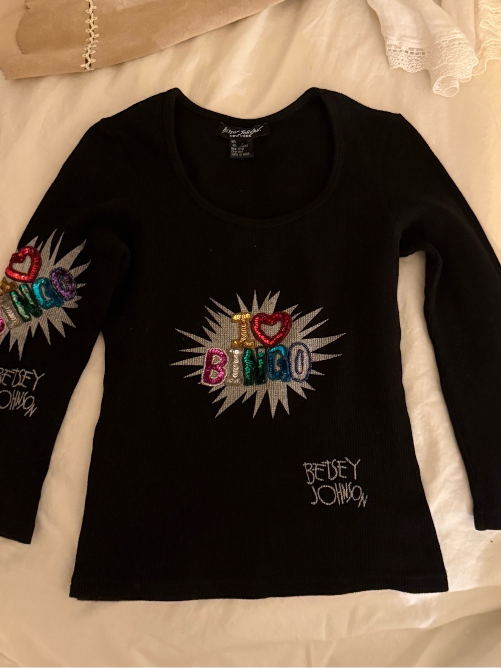 Betsey Johnson Black Long Sleeve Top with Colorful 'I ♥ BINGO' Sequin Graphic